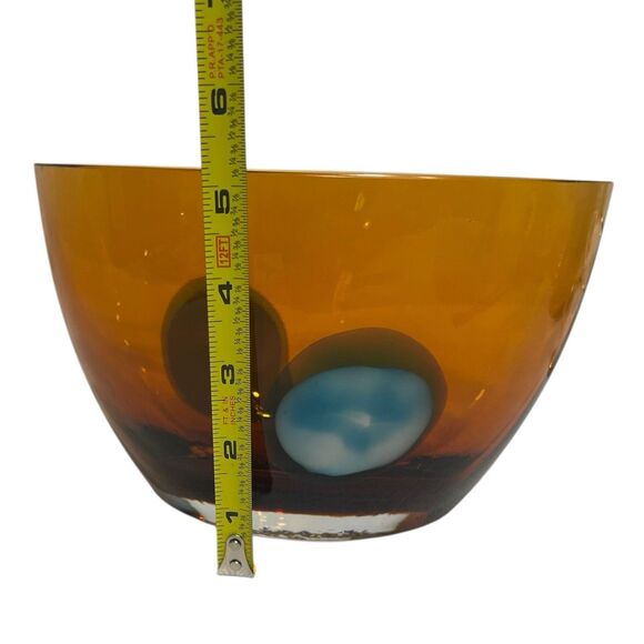 Waterford Evolution Amber Glass Bowl Blue Swirl Signed 6"x8" Luxe Decor - Picture 5 of 10